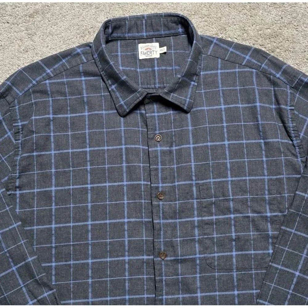 Faherty The Movement Button Shirt Men 2XL Performance Gray‎ Blue Windowpane